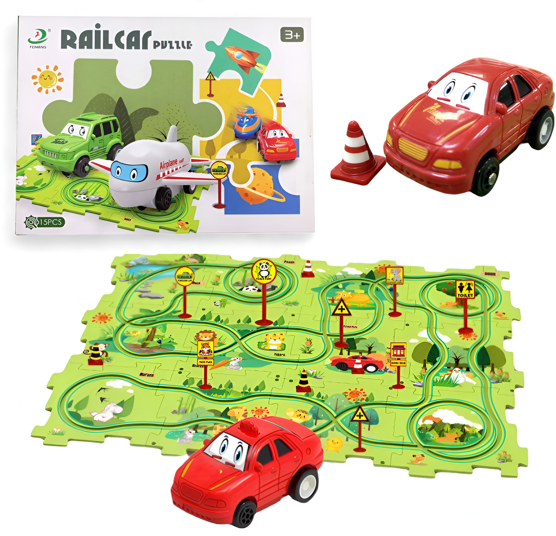 Tor Wyścigowy Puzzle Zwierzęta z Samochodem Wyścigowym 15 el misiek