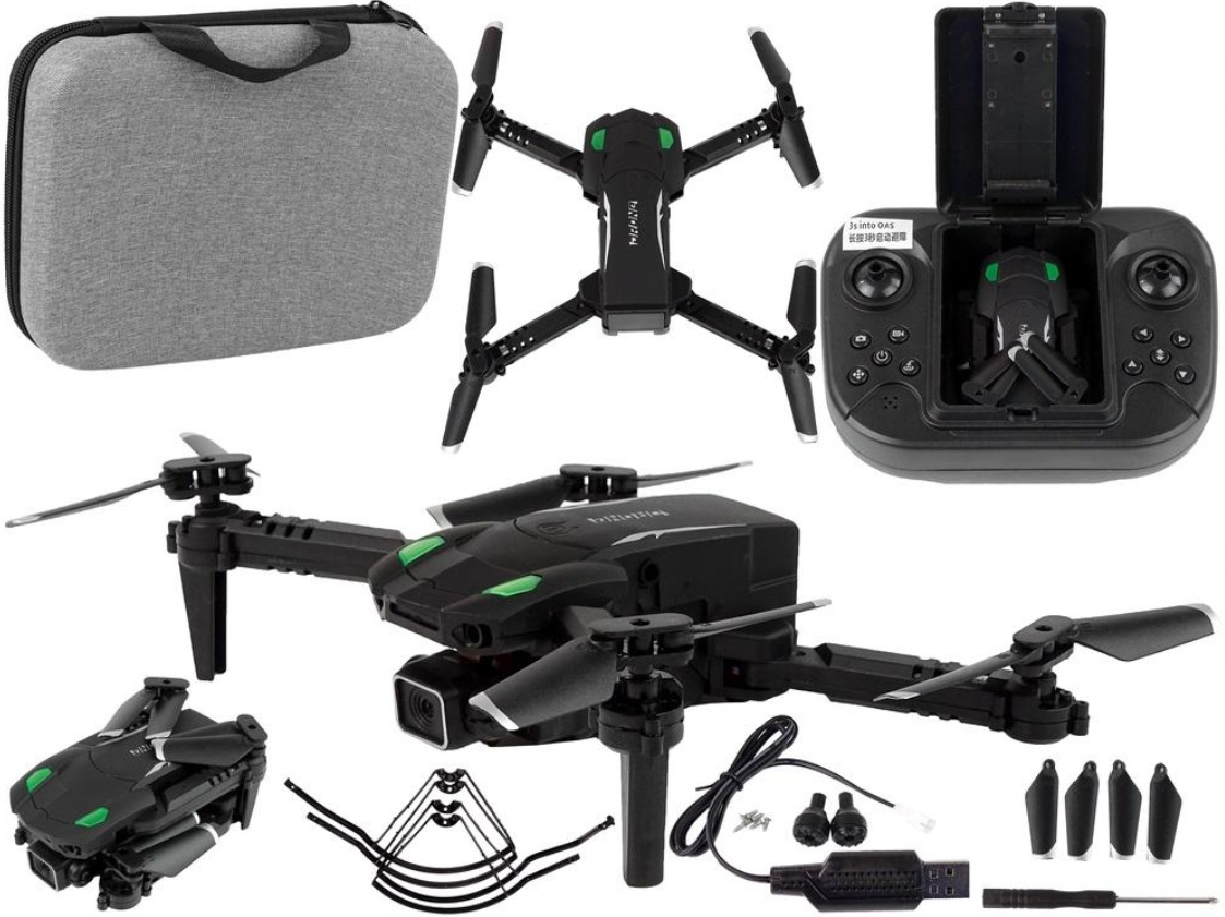 Dron latający Czarny z kamerką aplikacją Etui gratis Lean