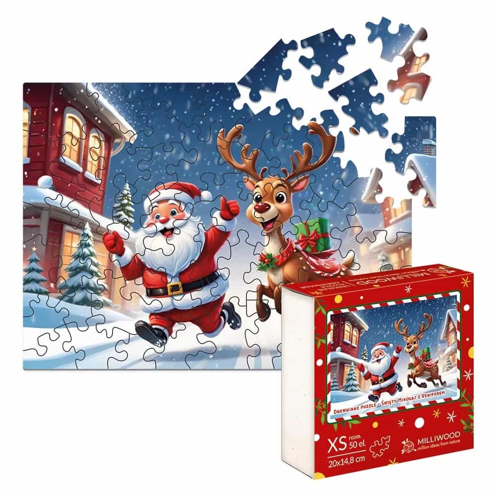 Puzzle drewniane Święty Mikołaj z Reniferem 50 elementów