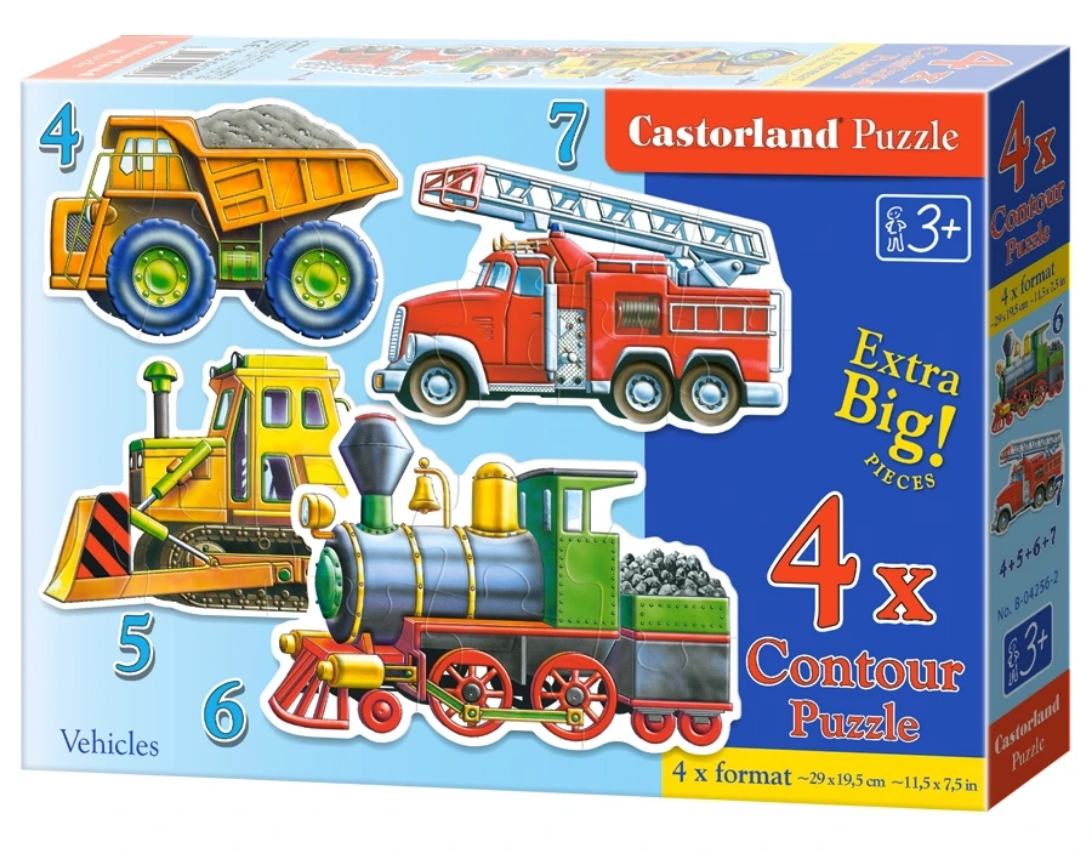 Puzzle 4 w 1 Pojazdy Straż Pożarna Lokomotywa 