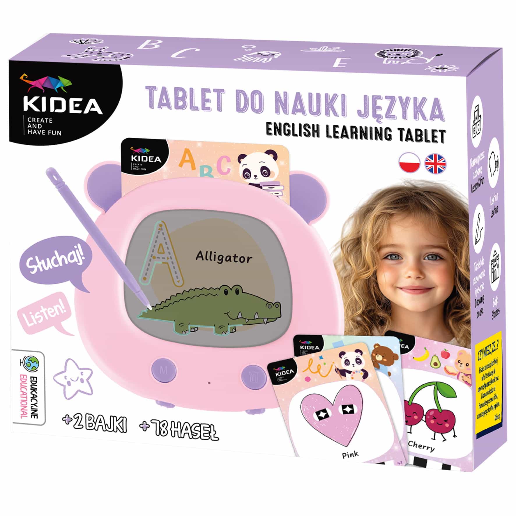 Tablet do nauki języka angielskiego z fiszkami różowy Kidea