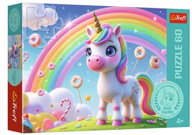 Puzzle 60 el. Cukierkowy świat Jednorożec Tęcza Trefl – zdjęcie 1
